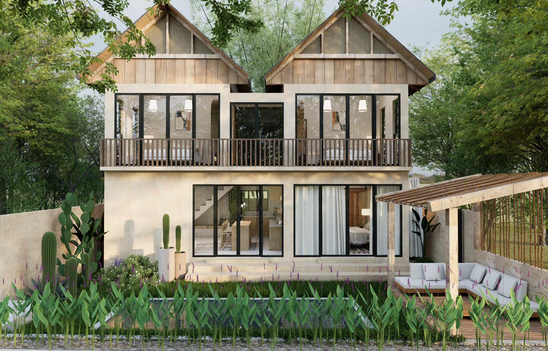 Final photorealistic exterior render of a tropical villa