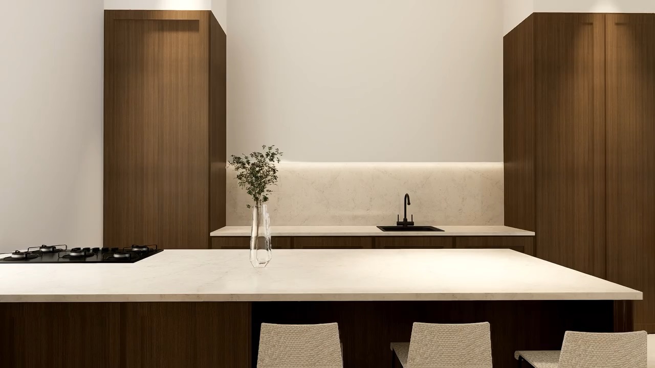 Minimal open plan kitchen with stone island