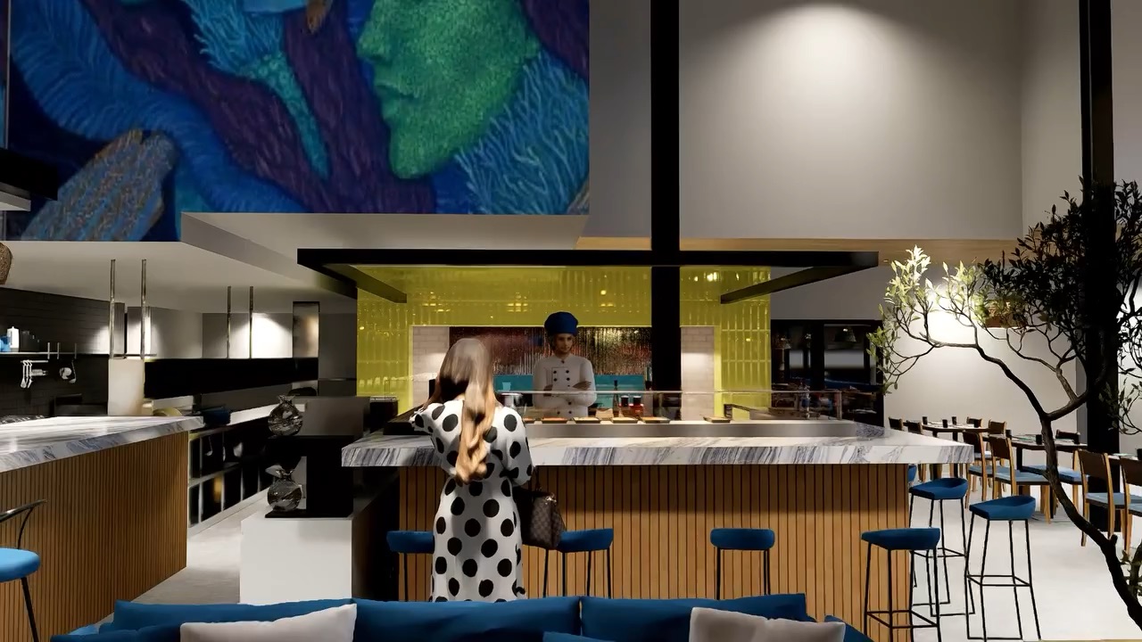 Ambient restaurant interior with timber slat ceiling