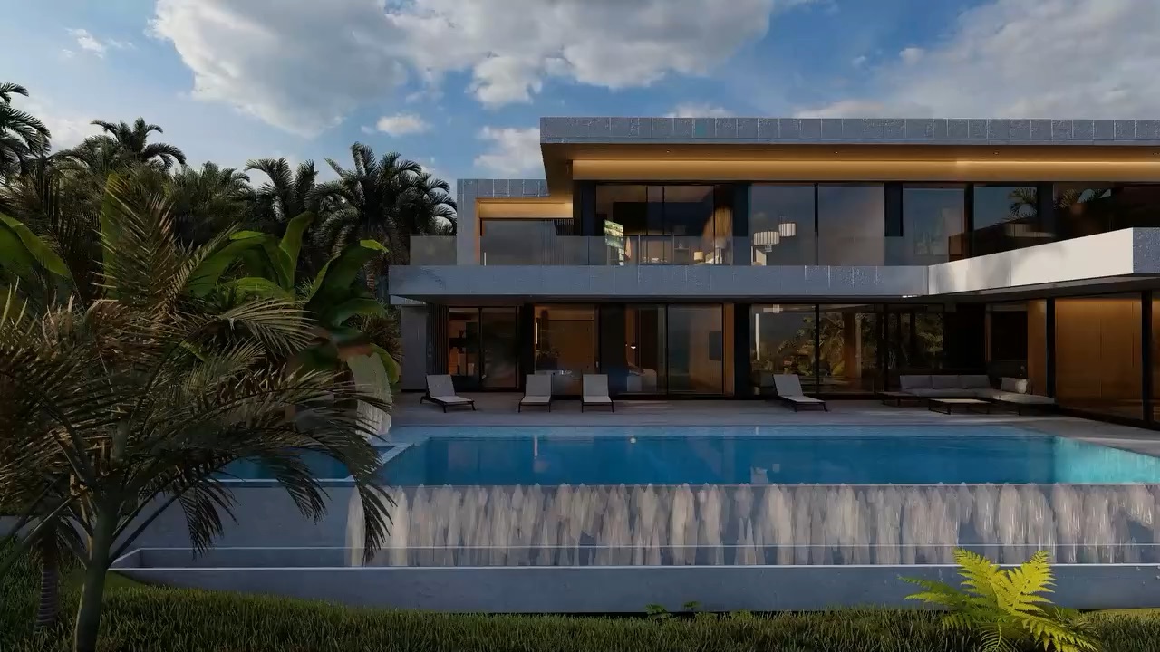 Luxury modern villa with infinity pool at dusk, Nusa Penida