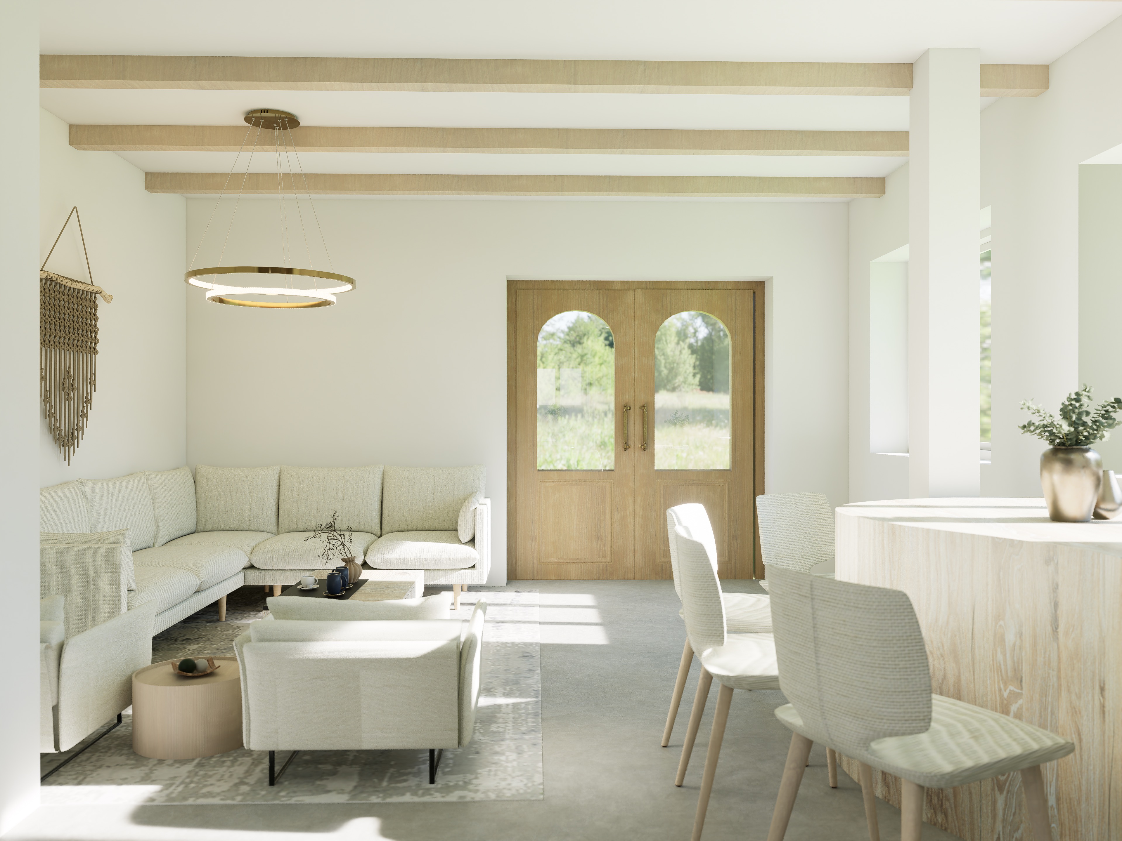 Basement interior render with material and lighting study