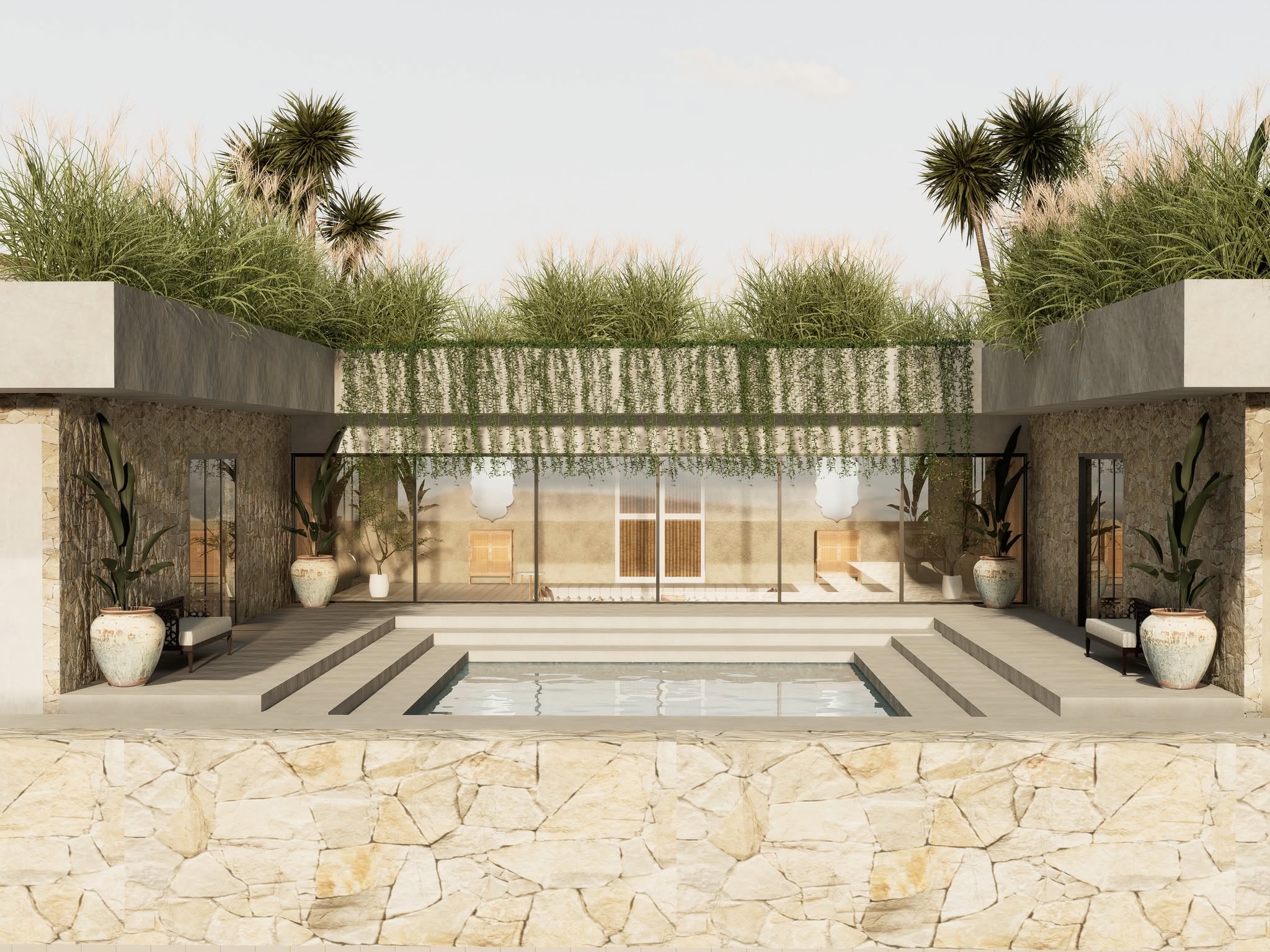 Bohemian rustic house exterior with timber detailing in Morocco