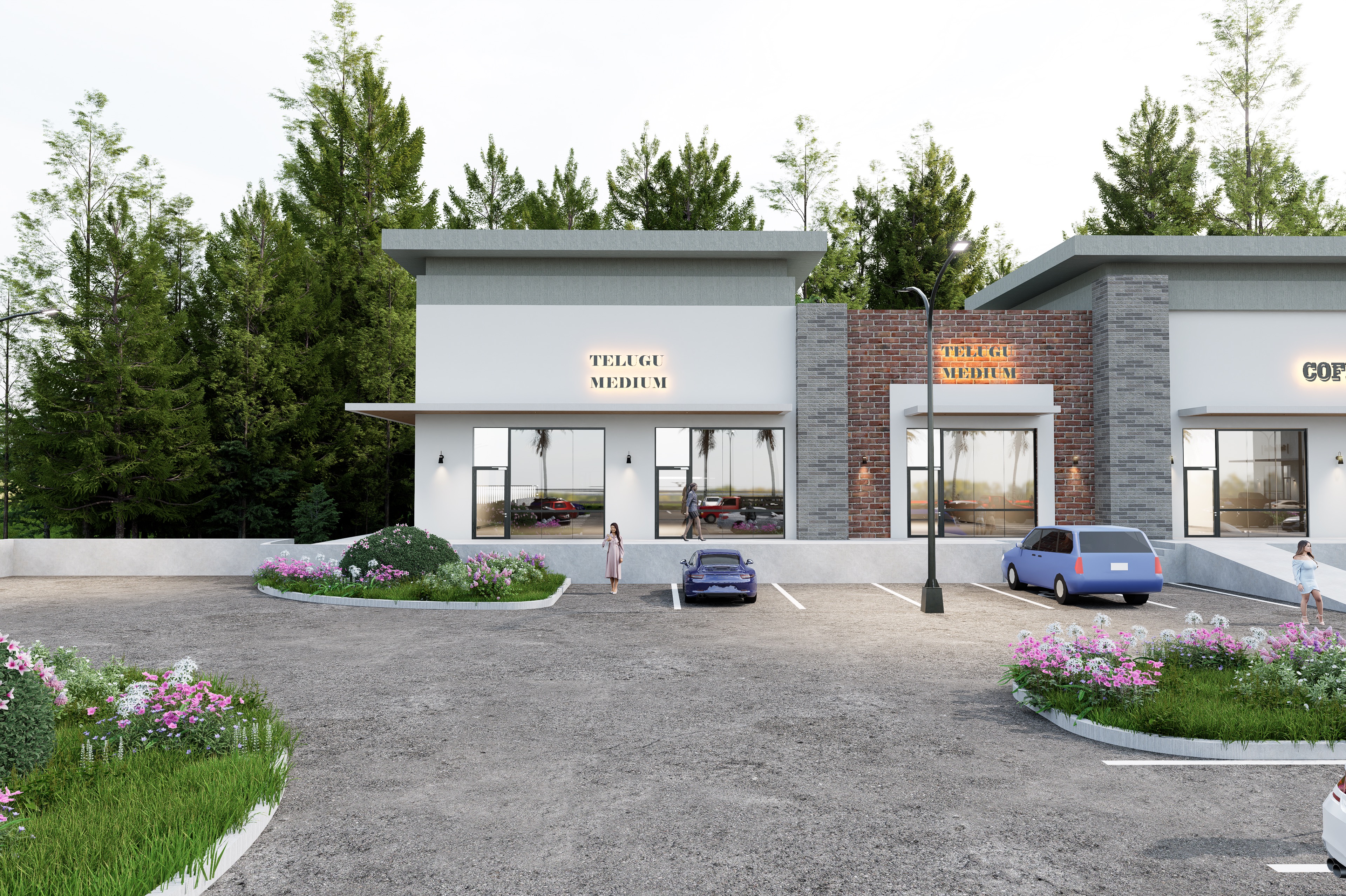 Shopping complex and parking lot exterior visualization