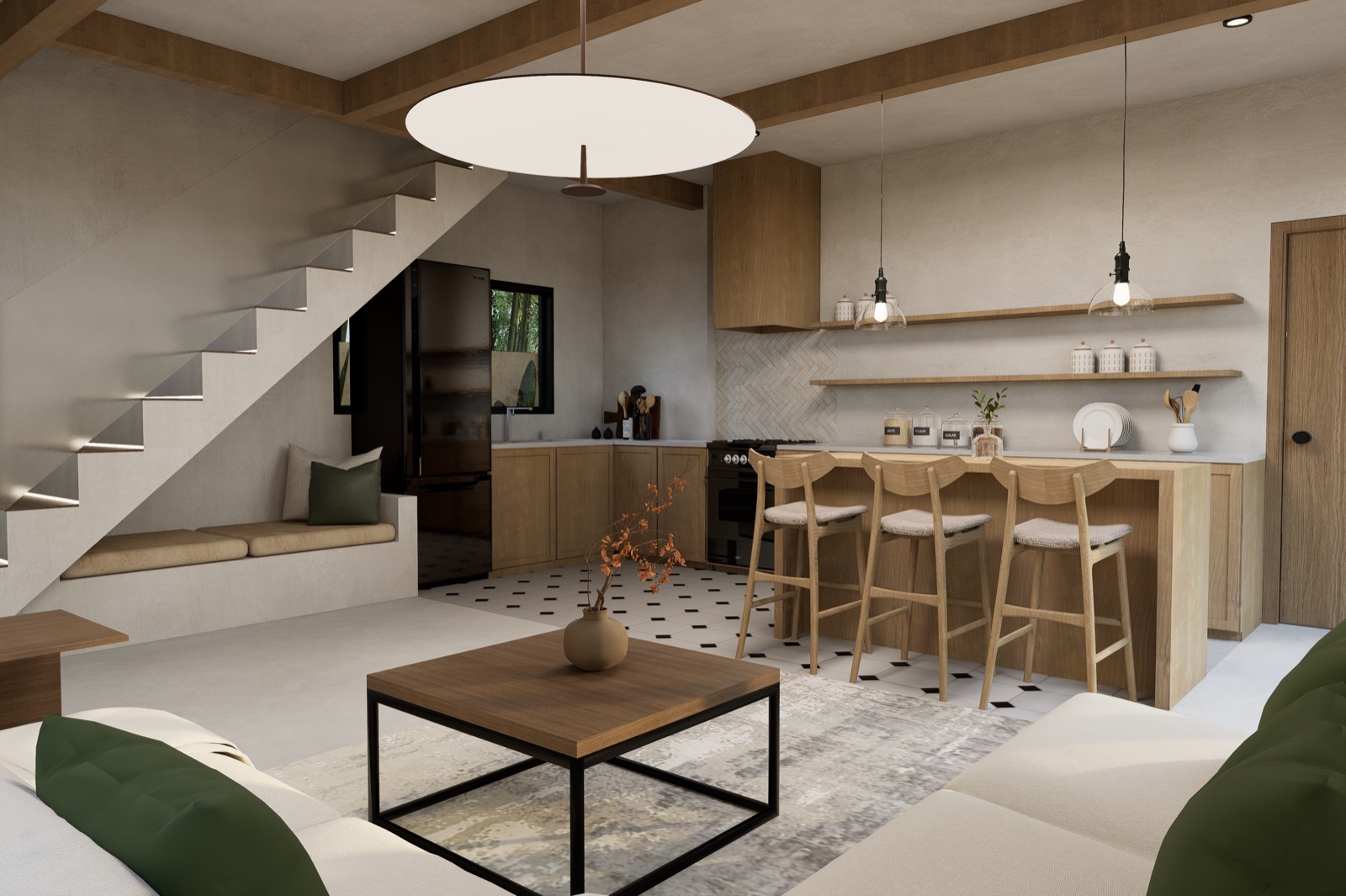 Open plan interior render with staircase and kitchen